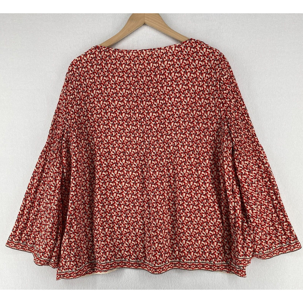 MAX STUDIO Blouse M Peasant Top Boxy Floral Round Neck Flared Sleeve Red - Picture 4 of 13